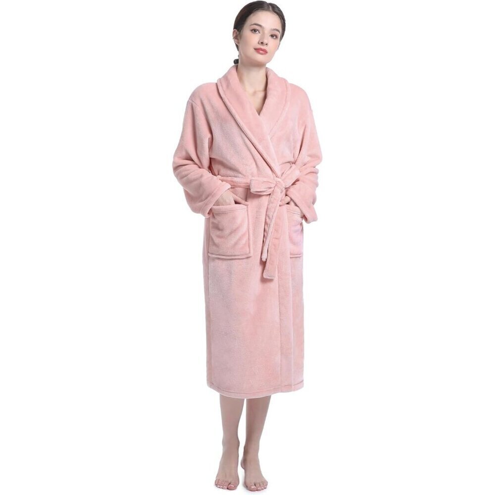 Women's Light pink Plush Soft Fleece Robe - Premium Cozy Warm Bathrobe - Picture 7 of 7